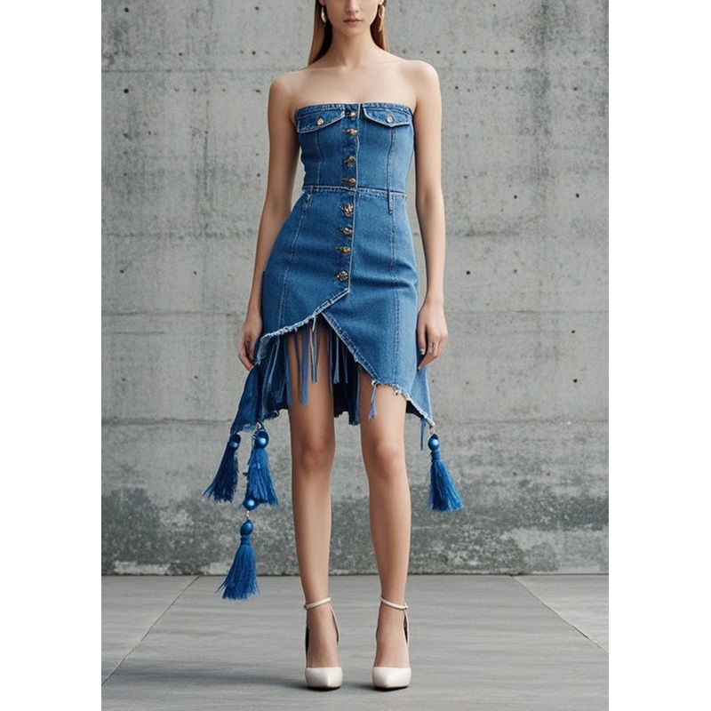 Women Blue Tasseled Asymmetrical Design Denim Day Strapless Dress Summer