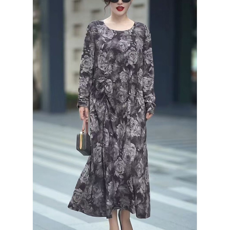 Women Grey O Neck Print Cotton Long Dress Fall