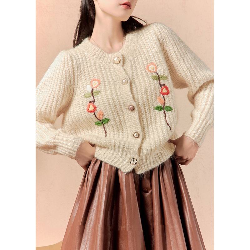 Art Beige Button Patchwork Knit Cardigans Winter