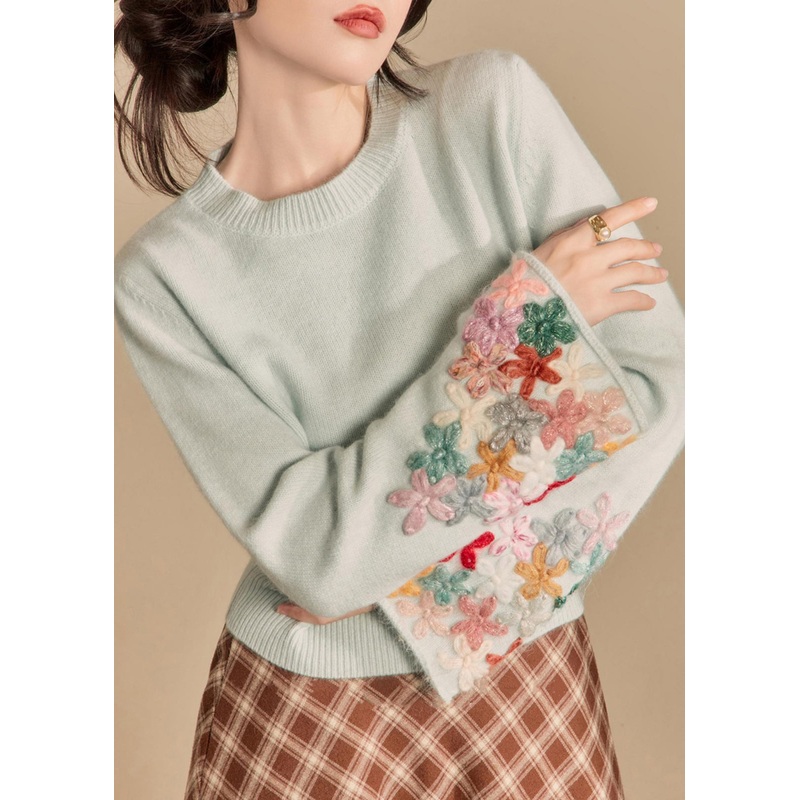 Art Light Blue O Neck Floral Patchwork Knit Sweater Flare Sleeve