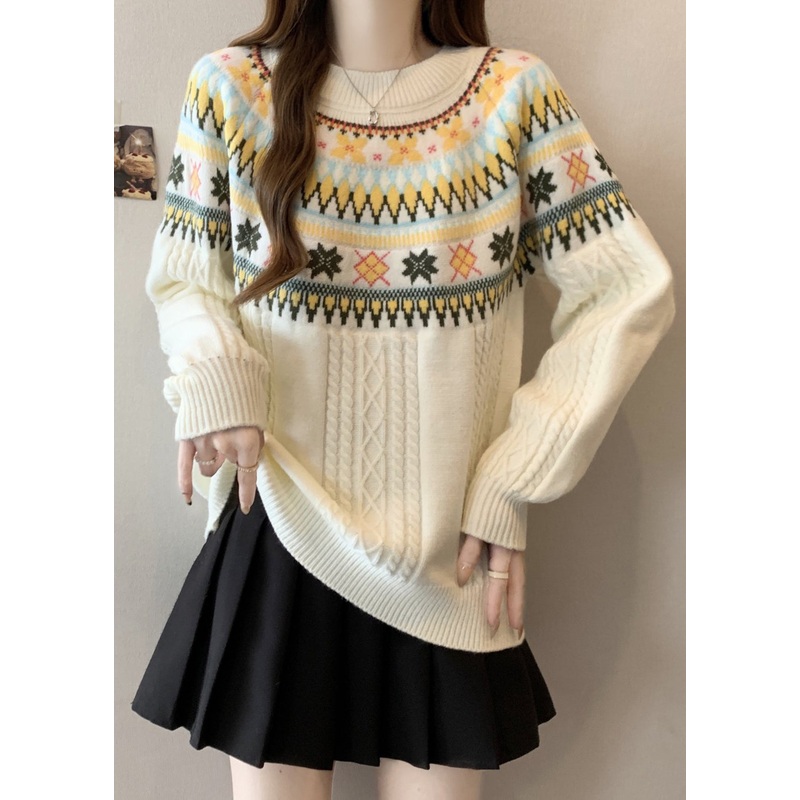 Bohemian Beige O Neck Jacquard Thick Knit Pullover Winter