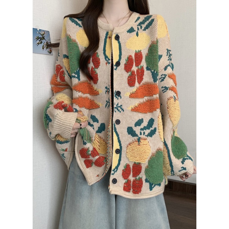 Boutique O Neck Embroidered Jacquard Knit Loose Cardigans Winter