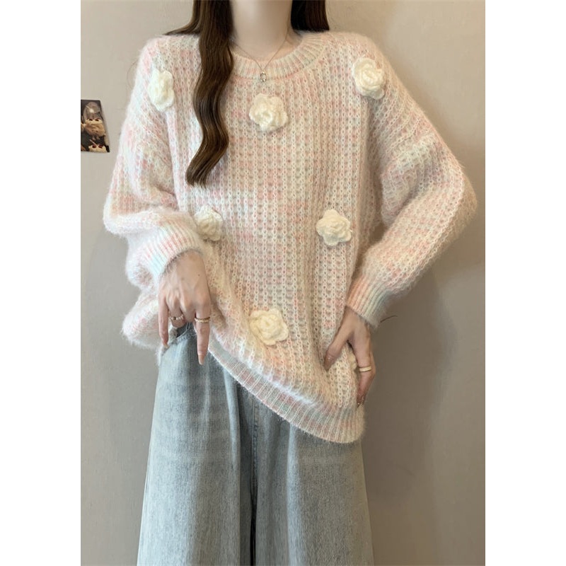 Boutique Pink O Neck Floral Decorated Knit Pullover Winter