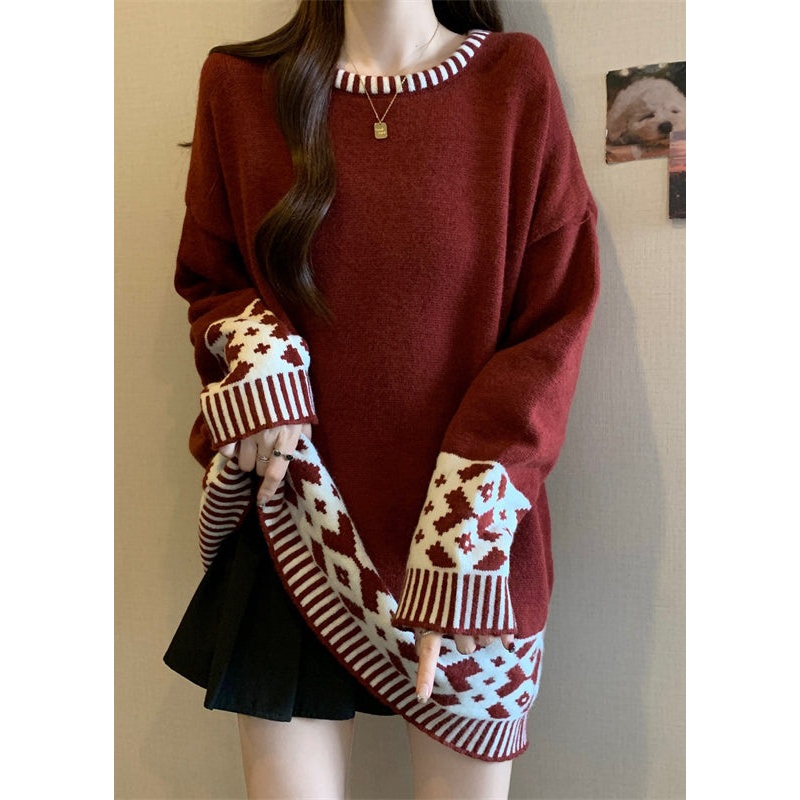 Boutique Red O Neck Jacquard Patchwork Knit Sweater Winter