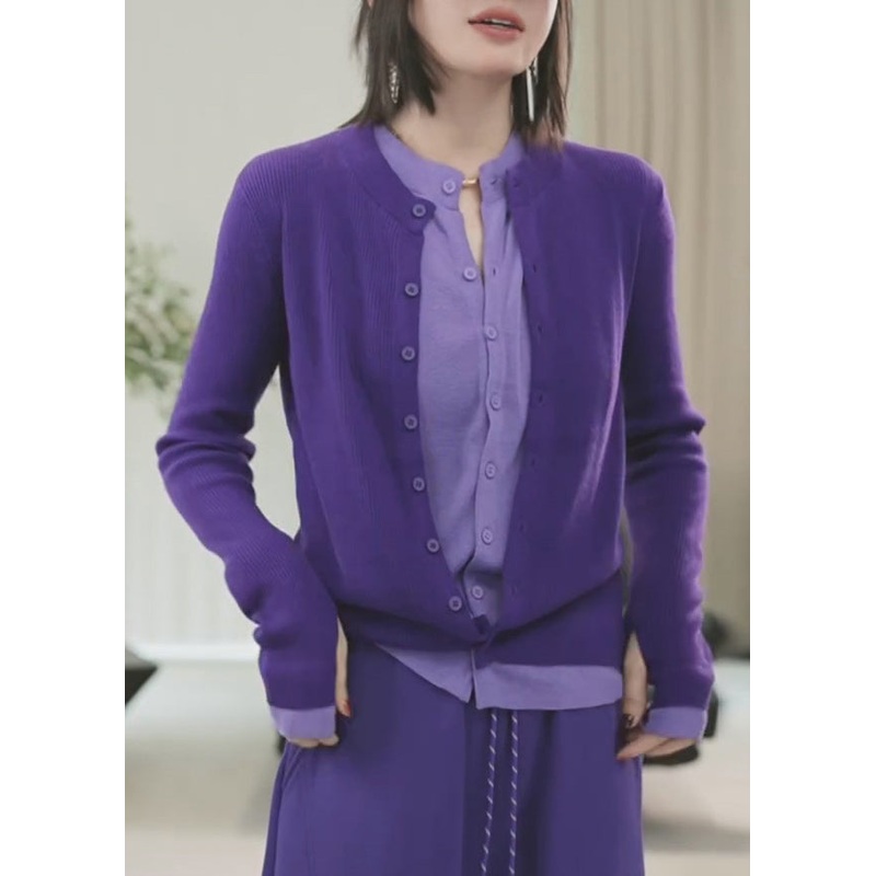 Chic Purple O-Neck Button Fake Two Pieces Cotton Knit Sweater Winter