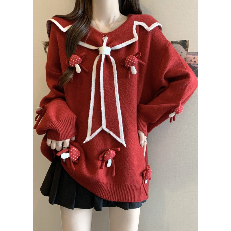 Chic Red Sailor Collar Thick Knit Sweaters Winter