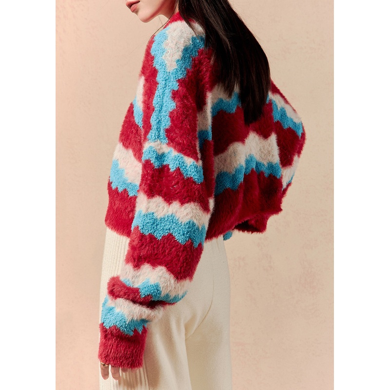 Chic Striped V Neck Cozy Mink Hair Knitted Short Sweaters Winter