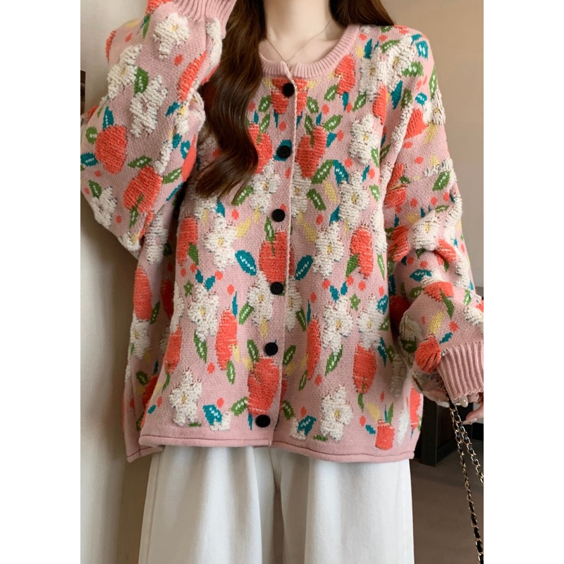 Cute Pink O Neck Jacquard Knit Loose Coat Winter