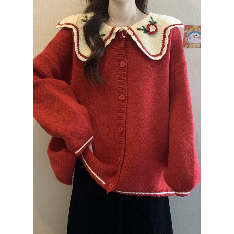 Cute Red Peter Pan Collar Embroidered Knit Loose Cardigans Winter