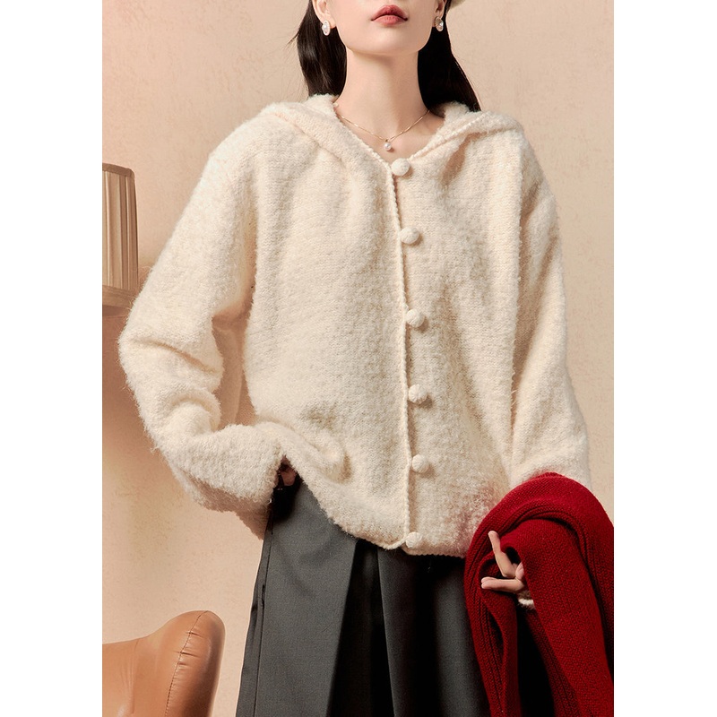 Elegant Beige Hooded Button Solid Knit Coats Winter