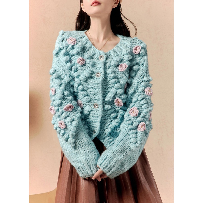 Floral Blue O Neck Button Knit Cardigan Winter