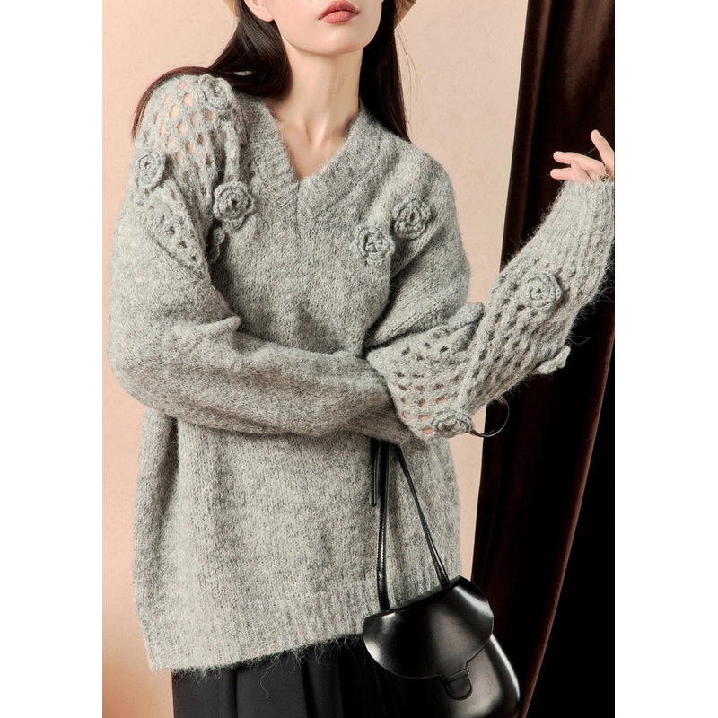 Floral Grey V Neck Hollow Out Knit Sweater Winter