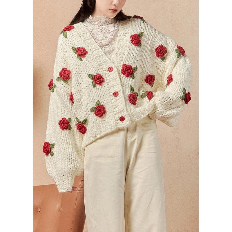Floral White V Neck Hollow Out Cotton Knit Cardigans Spring