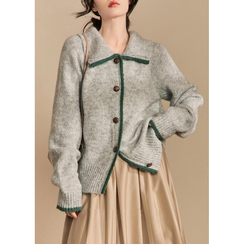 French Grey Peter Pan Collar Button Knit Cardigan Winter