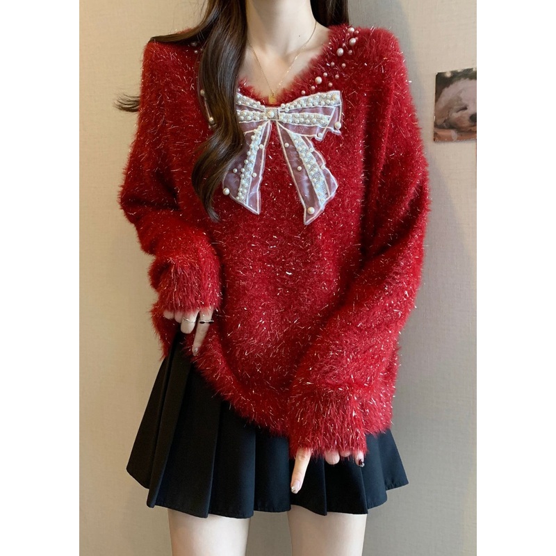 French Red Bow Nail Bead New Year Knit Sweaters Winter