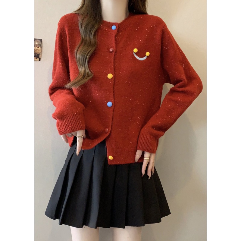 French Red O Neck Button Knit Cardigans Winter