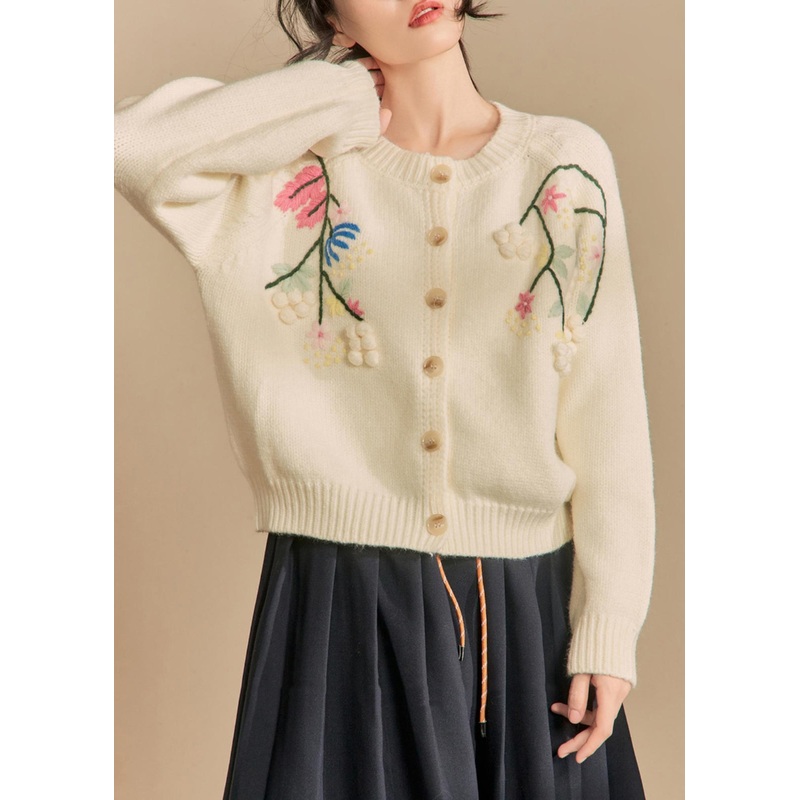 Handmade Beige Embroidered Button Knit Cardigans Winter