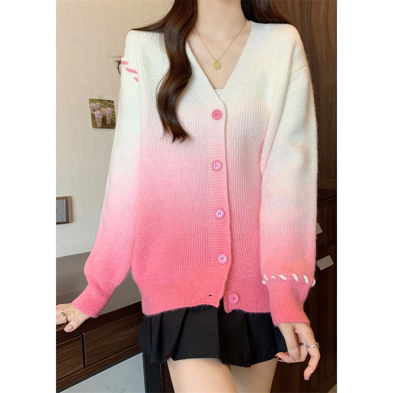 Italian Pink Gradient V Neck Button Knit Cardigan Winter