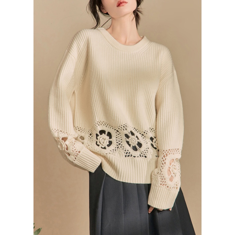 Loose Beige Hollow Out Solid Knit Sweater Winter