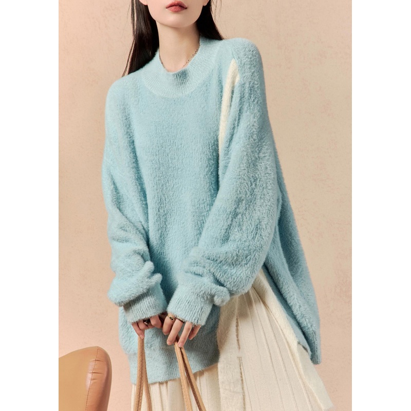 Loose Blue Asymmetrical Front Open Mink Hair Knitted Sweater Winter