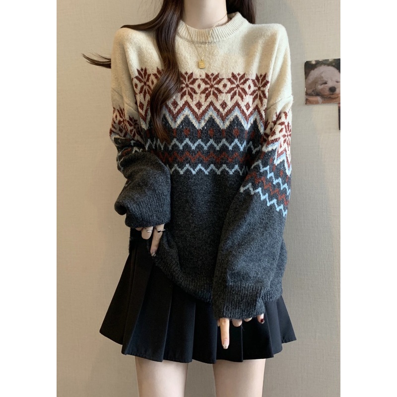 Loose Colorblock O Neck Jacquard Thick Knit Sweater Winter