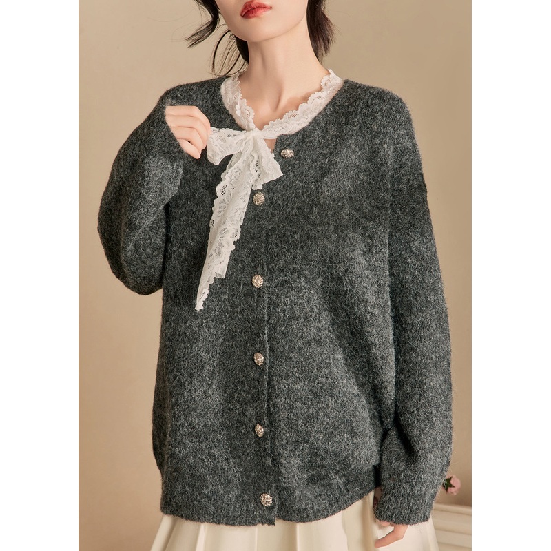 New Grey Button Lace Patchwork Knit Coat Winter