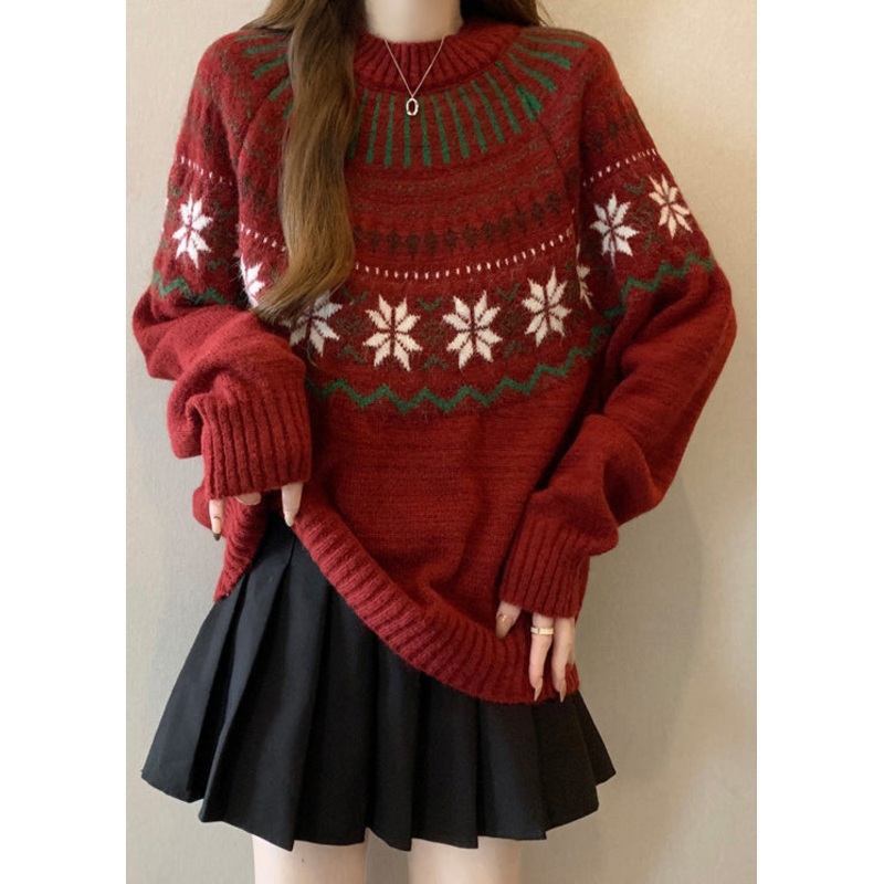 New Red O Neck Jacquard Thick Knit Sweaters Winter
