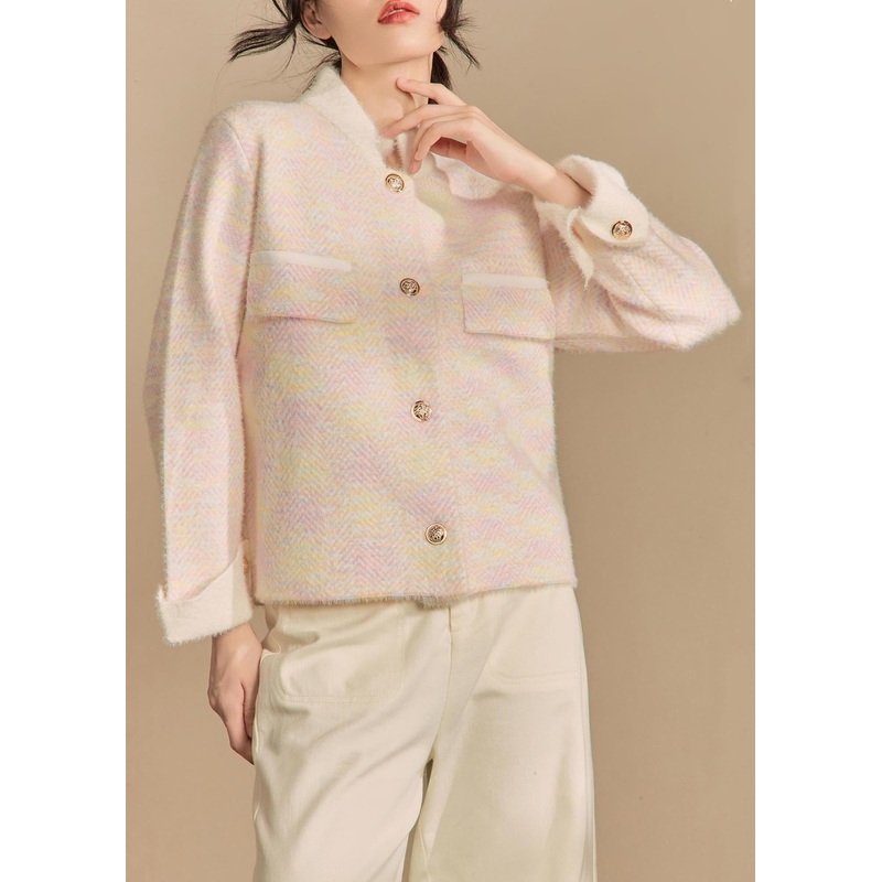 Novelty Pink Stand Collar Button Knit Coats Winter