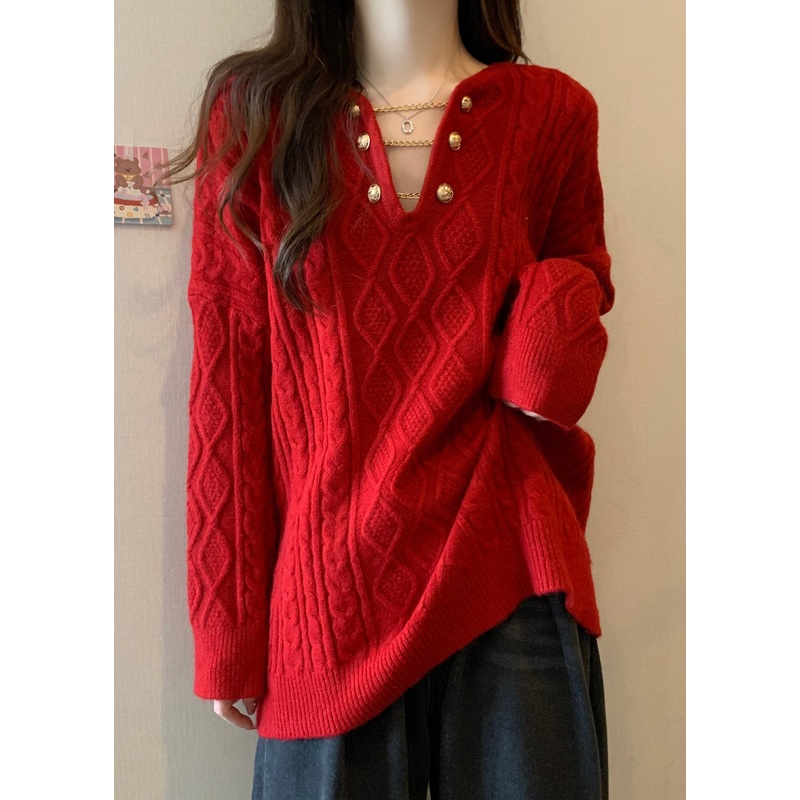 Plus Size Red V Neck Thick Cable Knit Sweaters Winter