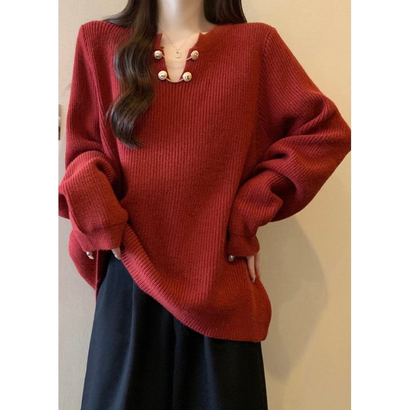 Plus Size Red V Neck Thick Warm Knit Sweaters Winter