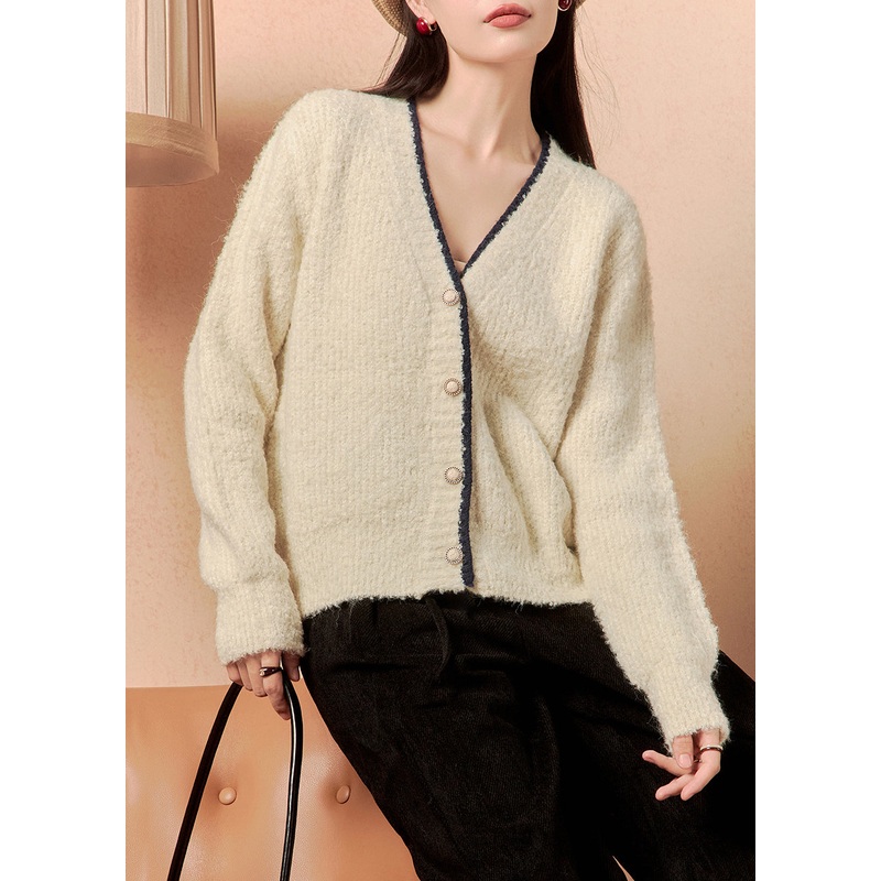 Simple Beige V Neck Button Solid Knit Cardigan Winter