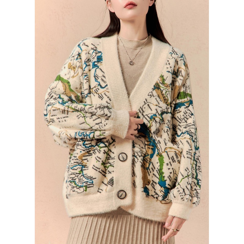 Stylish Beige V Neck Print Button Cotton Knit Cardigan Winter