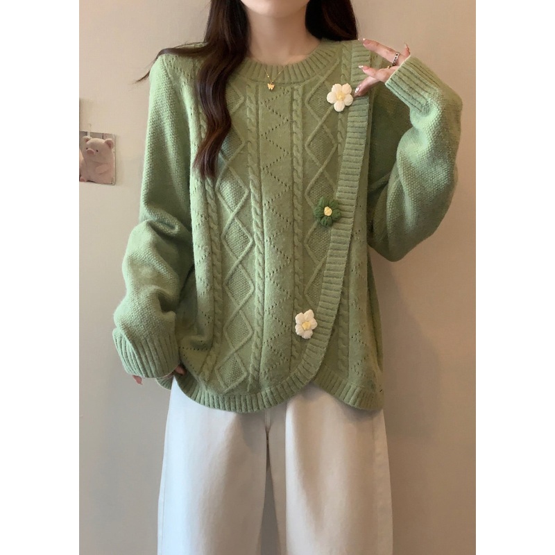 Stylish Green O Neck Asymmetrical Floral Knit Sweaters Winter