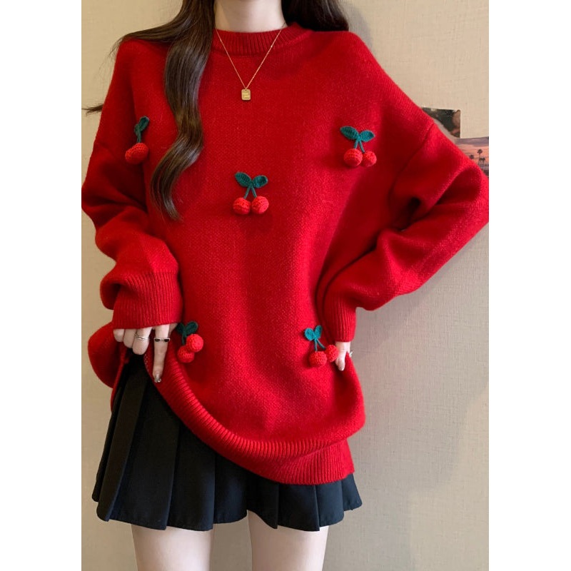 Stylish Red O-Neck Cherry Decorated Knit Sweater Winter