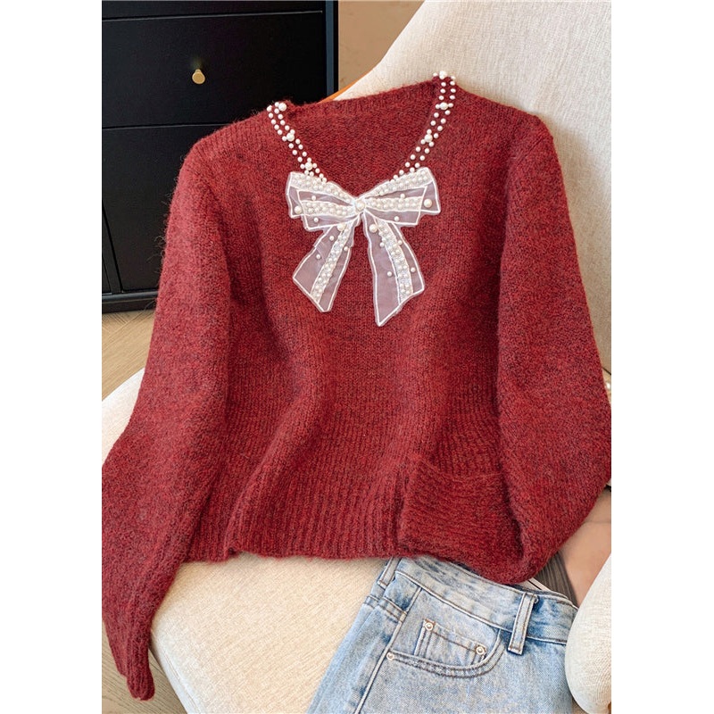 Stylish Red V Neck Bow Nail Bead Knit Sweater Winter