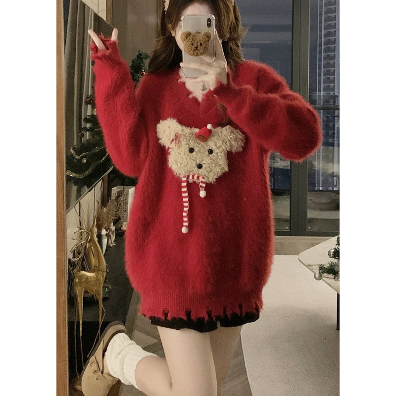 Stylish Red V Neck Mink Hair Knitted Ripped Sweaters Winter