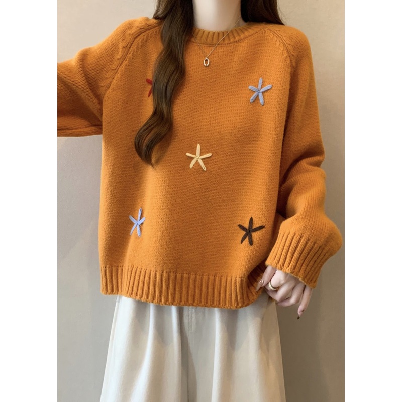 Stylish Yellow O Neck Thick Floral Knit Sweaters Winter