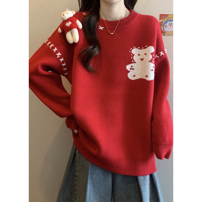 Unique Red O Neck Cartoon Patchwork Knitted Sweaters Winter