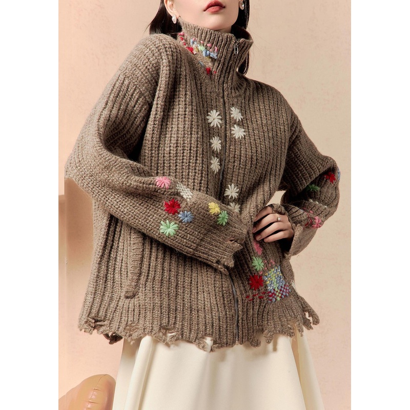 Vintage Coffee Zip Up Hole Pockets Cotton Knit Coats Winter