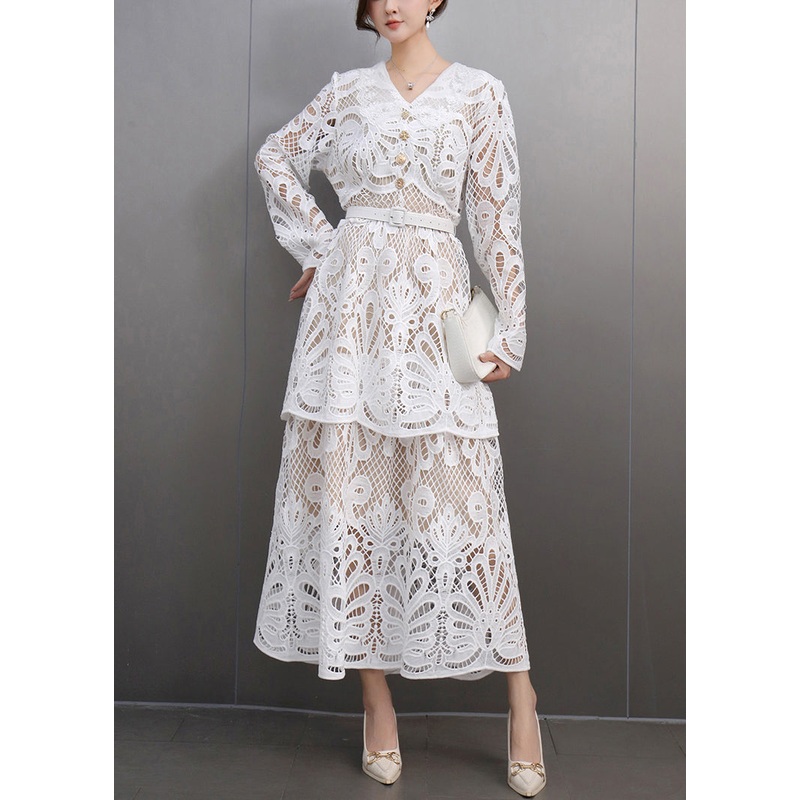 White Sashes Lace Hollow Out Maxi Dresses Spring