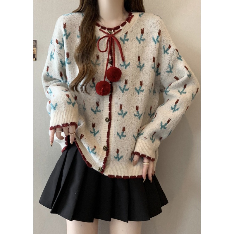 Women Apricot O Neck Jacquard Knit Loose Coat Winter