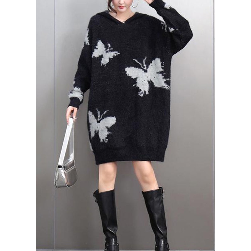 Women Black V Neck Thick Print Cotton Knit Sweaters Winter