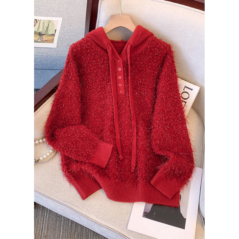 Women Red Hooded Thick Knit Sweater Tops Winter