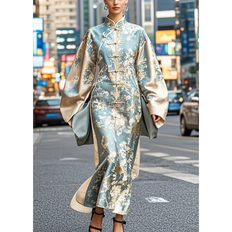 Art Gradient Color Print Chinese Style Silk Dress Fall