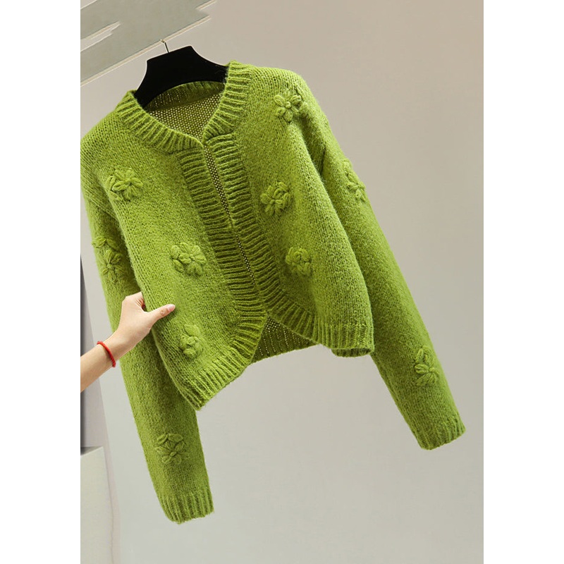 Art Green Embroidered Floral Solid Cotton Knit Sweater Winter