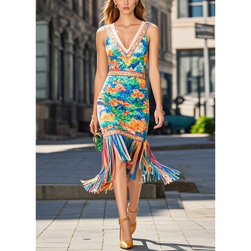 Art Green Tasseled Floral Print Knit Holiday Dress Summer