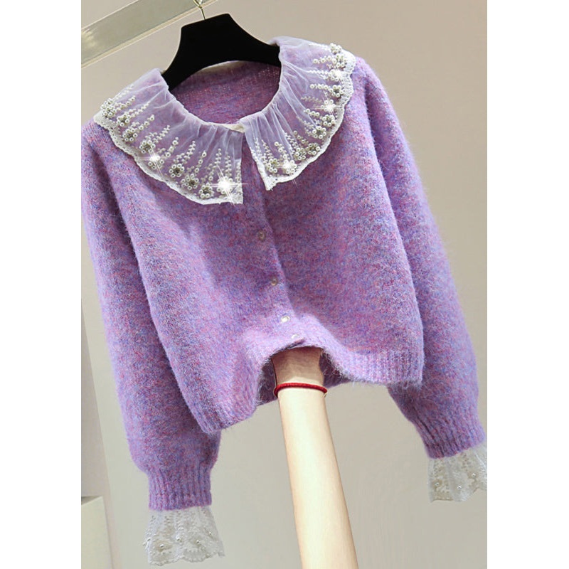 Art Purple Embroidered Patchwork Zircon Thick Cotton Knit Sweater