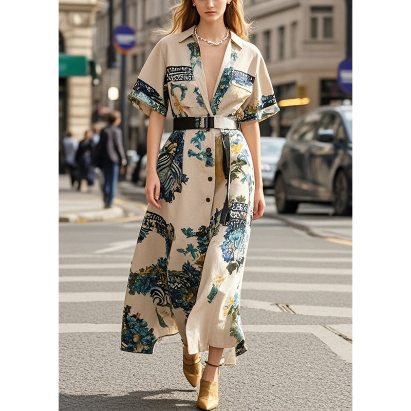 Beautiful Khaki Cinched Print Cotton Robe Dresses Summer