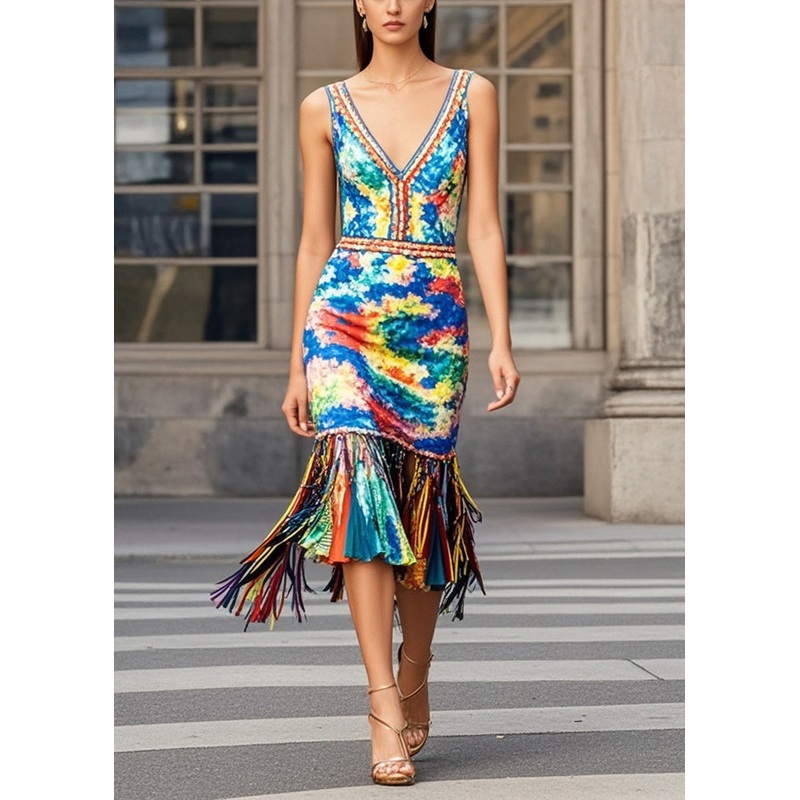 Beautiful Multicolou Print Knit Dresses Tasseled Summer