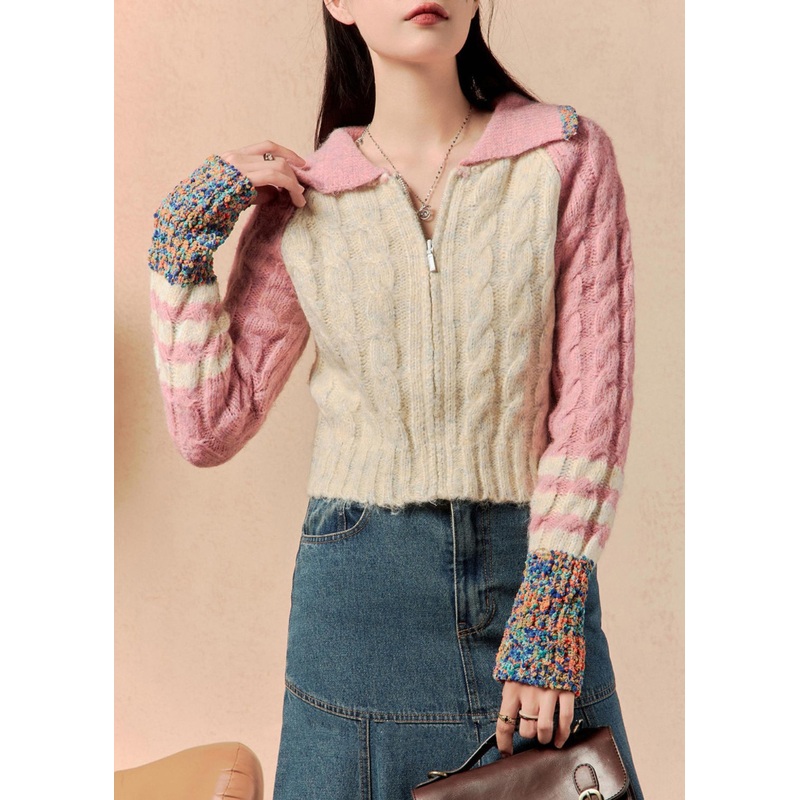 Beautiful Pink Zip Up Patchwork Knit Sweaters Winter